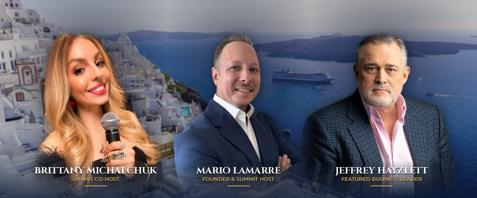 Mario Lamarre, Brittany Michalchuk and Jeffrey Hayzlett at the Business Growth Summit at Sea
