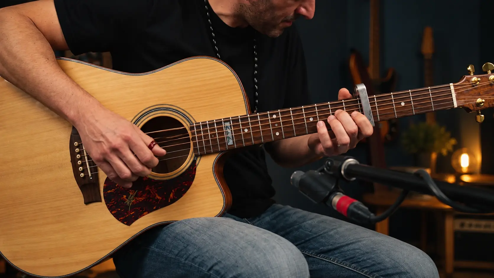La mano destra di Marco suona sopra la buca della chitarra