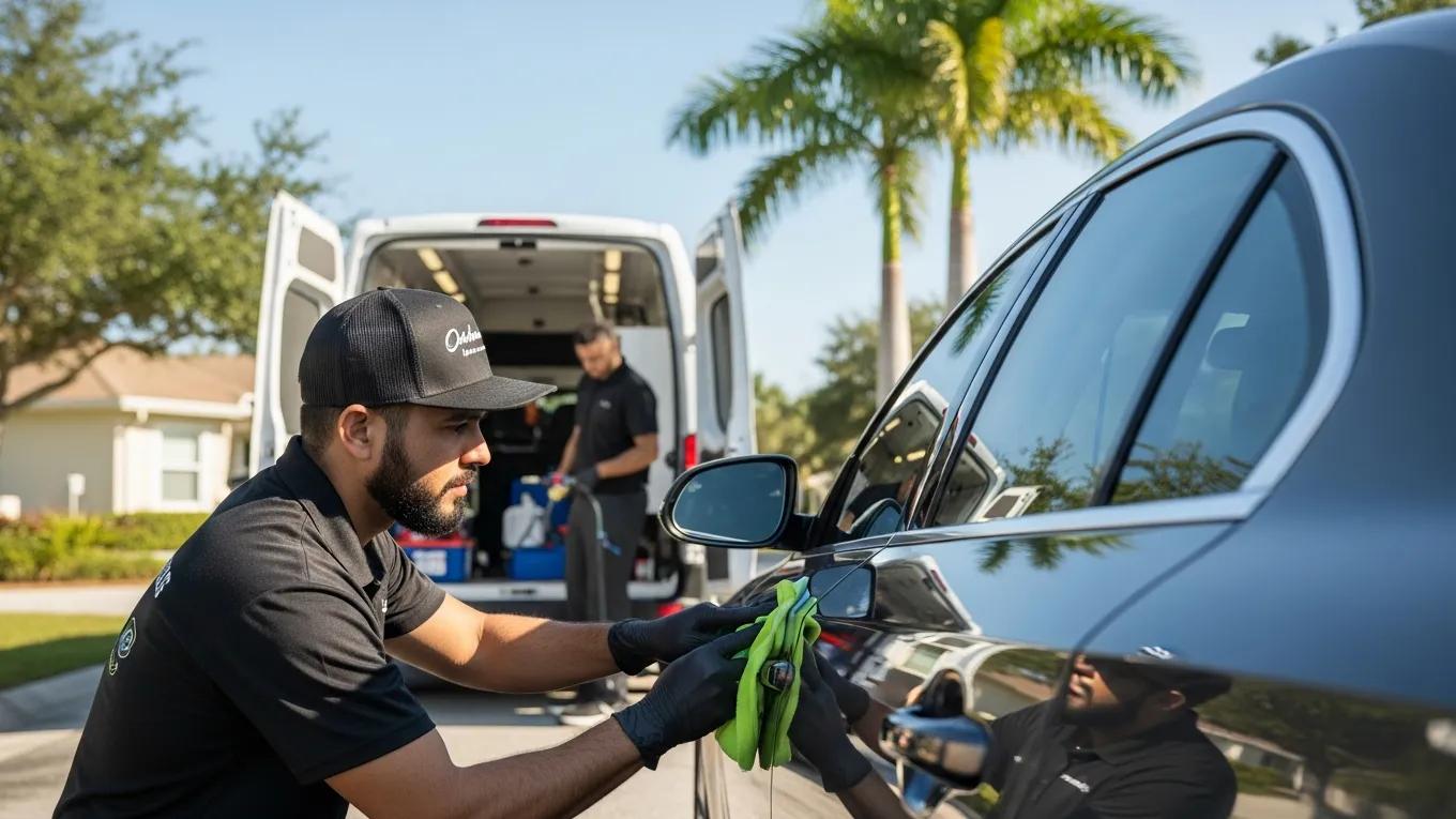 Mobile car detailing service in Tampa Bay with a detailer cleaning a vehicle Mobile car detailing service in Tampa Bay with a detailer cleaning a vehicle