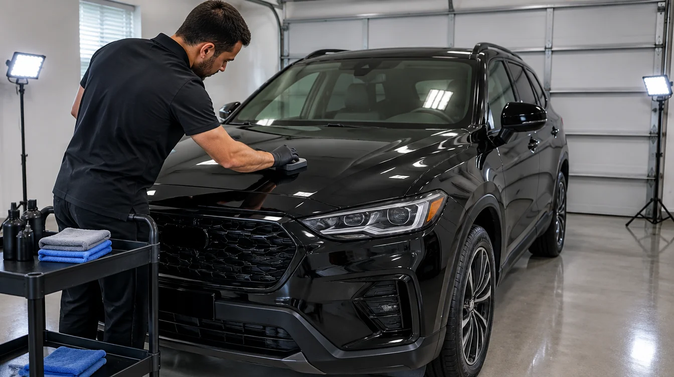 Ceramic coating being applied to a black SUV inside an enclosed home garage