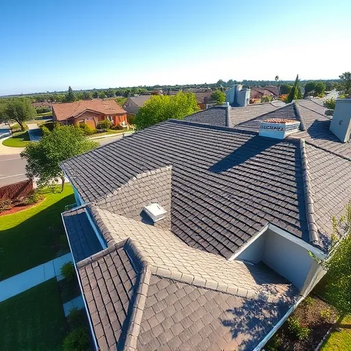 Newly replaced asphalt shingle roof on modern home in Manteca California with lush yard under blue sky
