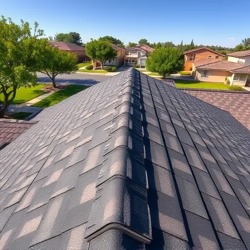 Close-up of a new roof with detailed textured shingles, precise edges, in a suburban neighborhood in Riverbank California