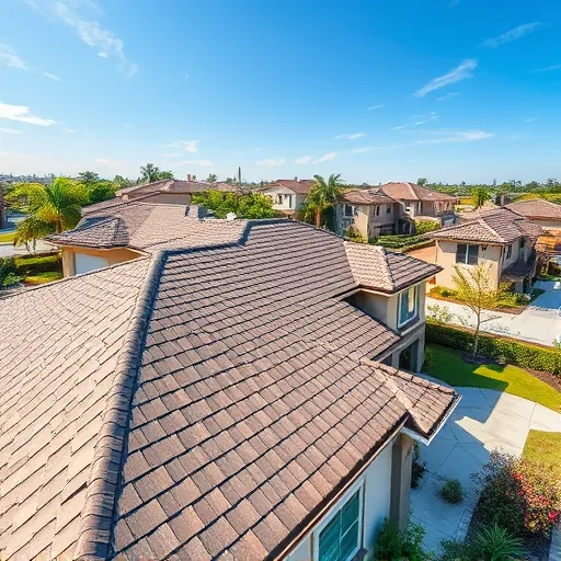 Well-maintained residential roof in Rouse California with textured shingles, lush greenery, and nearby high-quality roofs under clear blue skies
