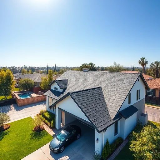 Recently completed modern house roof in Linden CA with dark textured shingles, lush lawns, and clear blue sky