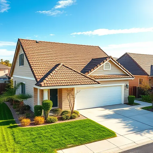 Freshly replaced asphalt shingle roof on a modern Vernalis CA home with landscaped yard, clear sky, and pristine exterior.
