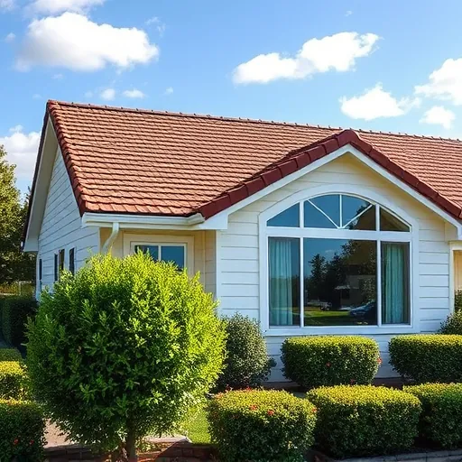 Freshly replaced asphalt shingle roof on modern Stockton CA home with lush landscaping and bright sunny sky