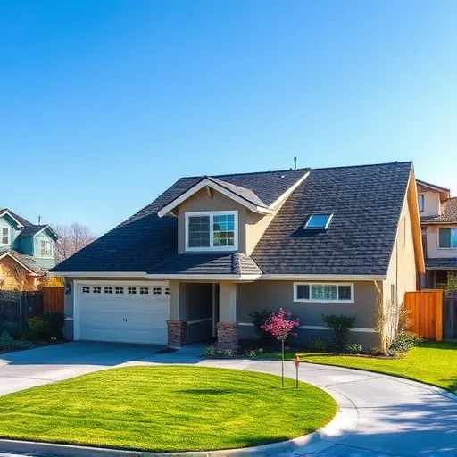 Completed asphalt shingle roof replacement on modern home in Denair CA with lush yard and green neighborhood scenery