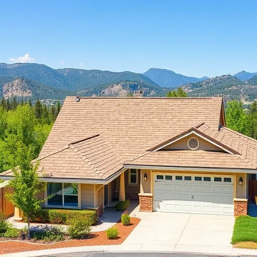 Fresh asphalt shingle roof in earthy tones atop a well-maintained house in Sonora CA, surrounded by mountains and trees.