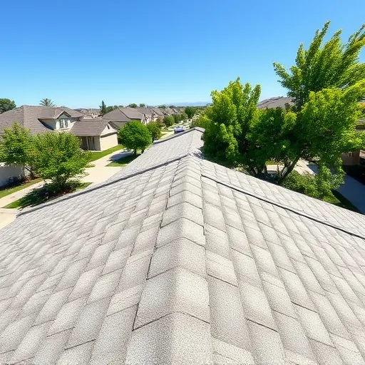 Close-up of a finished modern asphalt shingle roof in Ceres CA with textured neutral tiles over a well-maintained house in a peaceful neighborhood