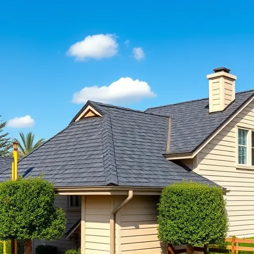 Completed roofing installation in Ballico CA featuring charcoal shingles on a beige house under a clear blue sky.