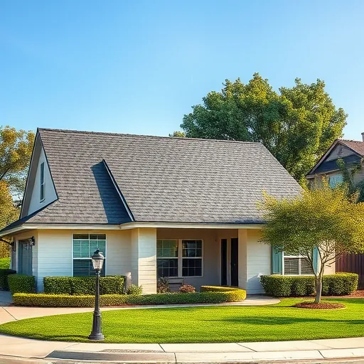 Recently completed clean durable roof with asphalt shingles, precise installation, lush lawn, and clear blue sky in Delhi CA