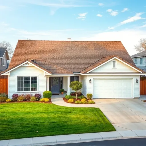 Recently replaced modern asphalt shingle roof on a suburban Patterson CA home with lush yard and clear sky
