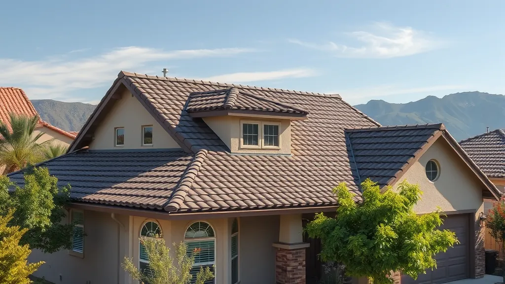 Roofing in Salida, CA with a blue sky and mountain backdrop showcasing a newly installed roof.