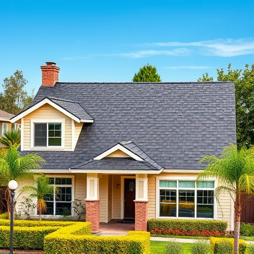 Completed roofing project in Parklawn CA featuring deep charcoal shingles, lush greenery, and blue skies enhancing curb appeal.
