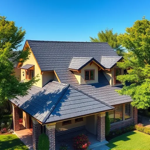 Completed roofing project in La Grange CA, featuring dark slate tiles, decorative eaves, and lush landscaping.