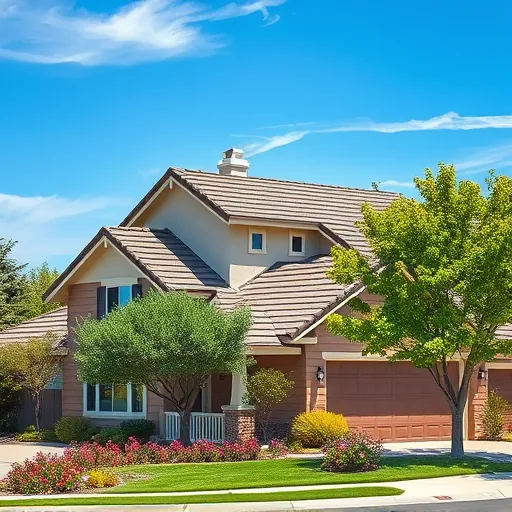 Completed roofing project in Hughson CA featuring modern home, stylish roof, landscaped yard, clear sky, and vibrant flowers.