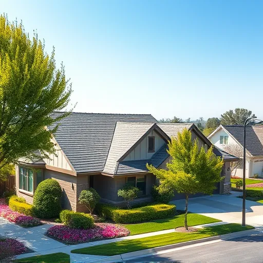 Completed roofing project in Modesto CA showcasing sleek shingles, lush landscaping, and vibrant flowers under a clear sky.