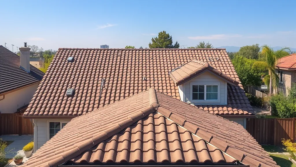 Roofing project in Stockton, CA showcasing new shingles and a clear blue sky.