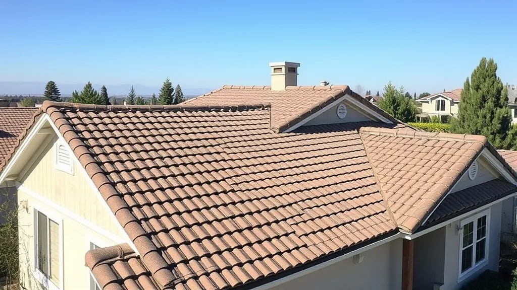 Roofing in Turlock, CA with a clear blue sky and workers installing shingles on a house.