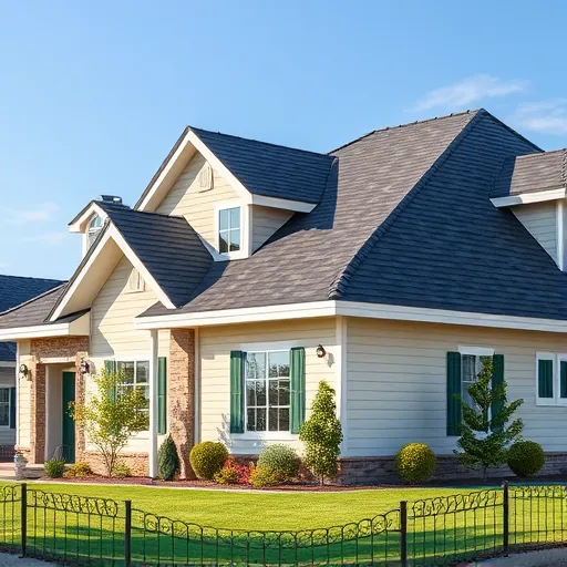 Replaced roof on modern home in Farmington CA with deep charcoal shingles, surrounded by well-kept landscaping and clear sky.