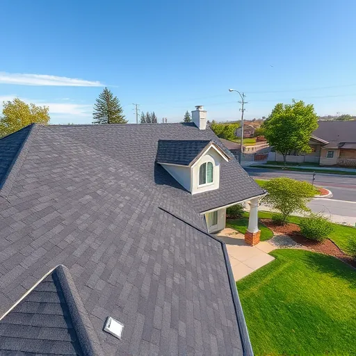 Freshly replaced asphalt shingle roof on a white suburban home in Hughson California with lush landscaping and clear blue sky