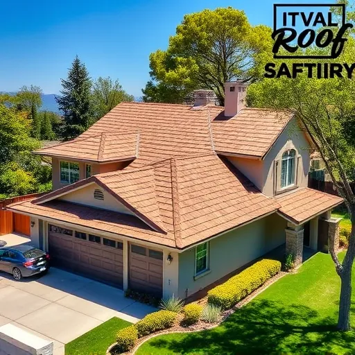 Completed residential roof replacement in Vernalis CA with earthy asphalt shingles, lush greenery, and clear daylight.