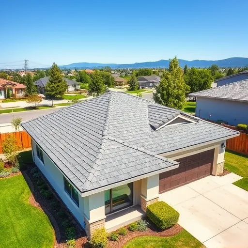 Newly replaced gray-shingle roof on modern home in Patterson CA with landscaped yard and neighborhood background