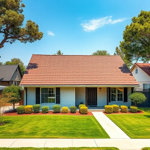 Modern house in Delhi with a new asphalt shingle roof, lush lawn, trimmed bushes, and clear blue sky