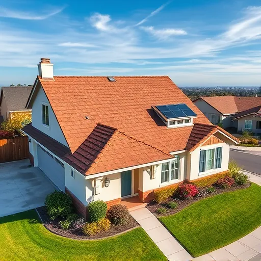 New asphalt shingle roof in terracotta and brown tones on a home in Patterson CA, surrounded by a lush yard.