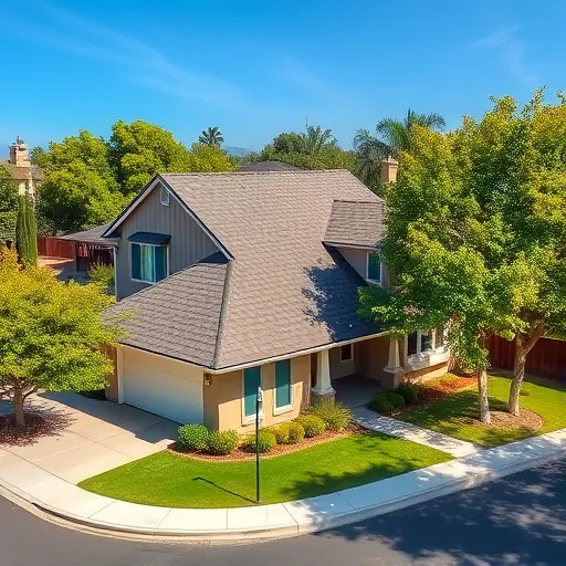 New roof replacement on modern Delhi CA home featuring durable shingles, lush surroundings, and clear blue sky