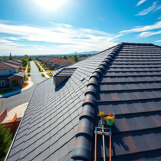 Completed roofing project in French Camp CA with vibrant shingles shines under blue sky, highlighting craftsmanship and detail.