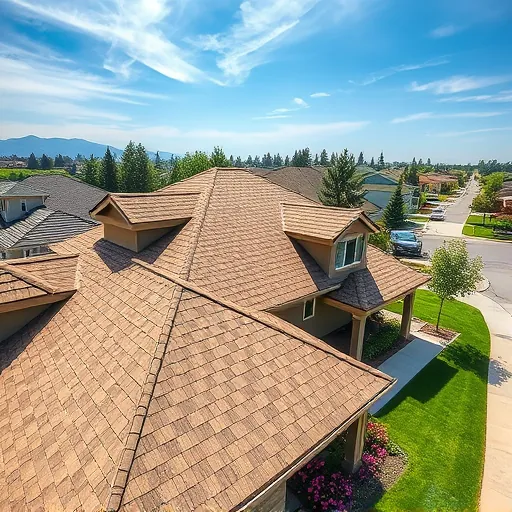 Newly replaced asphalt shingle roof on a modern Riverbank California home with lush lawn and colorful garden