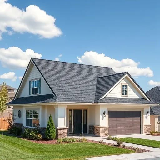 Completed roofing project in Turlock CA features contemporary home with dark shingles, manicured lawn, and clear blue sky.