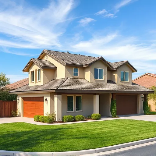 New asphalt shingle roof on a Ballico CA home with modern design, vibrant colors, and lush green landscaping.