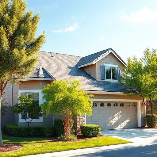 Newly installed gray asphalt shingle roof on a modern Westley home surrounded by lush greenery and clear skies.