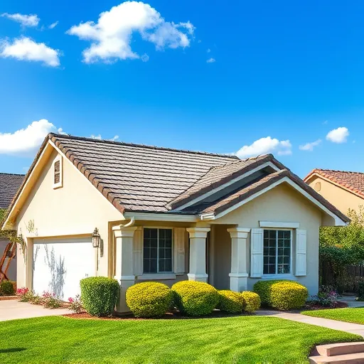 Completed roofing project in Denair CA with new shingles in gray and brown, surrounded by lush landscaping and blue skies.