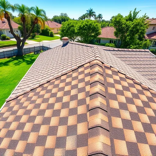 Completed asphalt shingle roof in earthy tones on a house in La Grange CA with lush green yard and blue sky