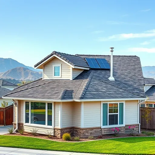 Recently completed asphalt shingle roof on a modern home in Escalon California with solar panels and landscaped yard