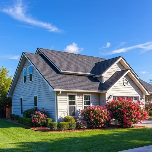 Completed roofing project in Rouse CA featuring modern home, charcoal shingles, vibrant lawn, and flowering bushes.