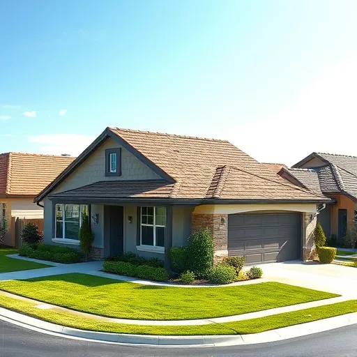 Newly installed asphalt shingle roof on modern suburban house in Vernalis CA with lush lawns and clear blue sky