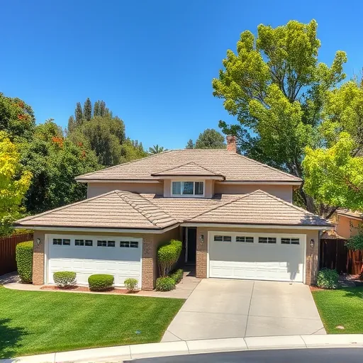 Finished roof replacement on a modern house in Knights Ferry CA with earthy shingles, lush greenery, and a peaceful suburban setting