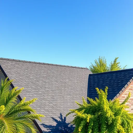 Completed asphalt shingle roofing installation in Manteca CA features charcoal and slate gray hues under a blue sky.
