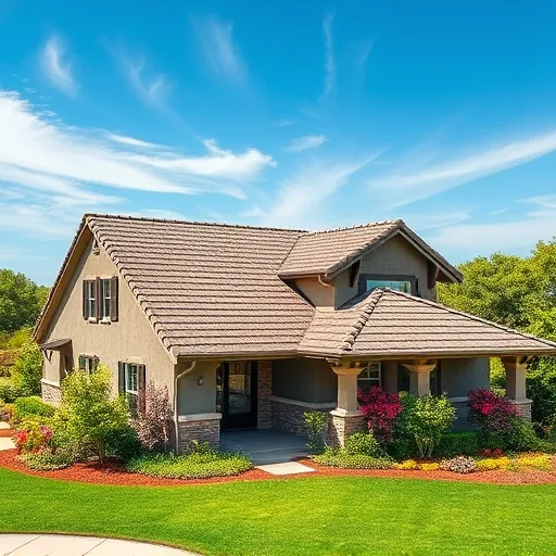 Completed modern residential roof in Vernalis CA with quality shingles, vibrant landscaping, and clear sky.