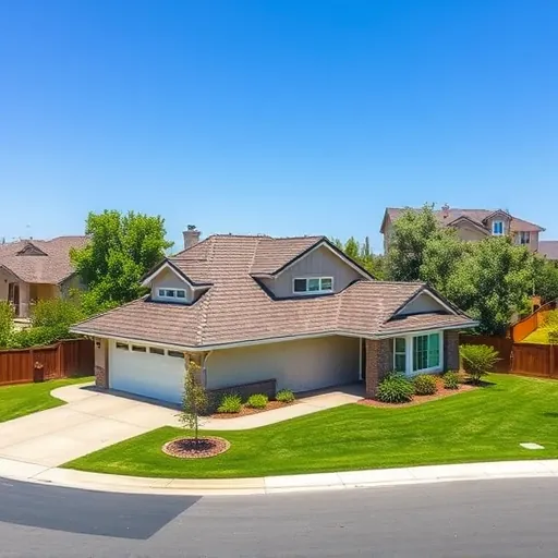 Newly replaced asphalt shingle roof on a suburban Oakdale CA home with lush lawn oak trees and blue sky