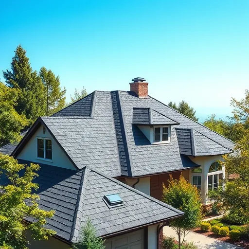 Completed roofing project in Bystrom CA featuring dark grey shingles, showcasing craftsmanship with lush landscaping.