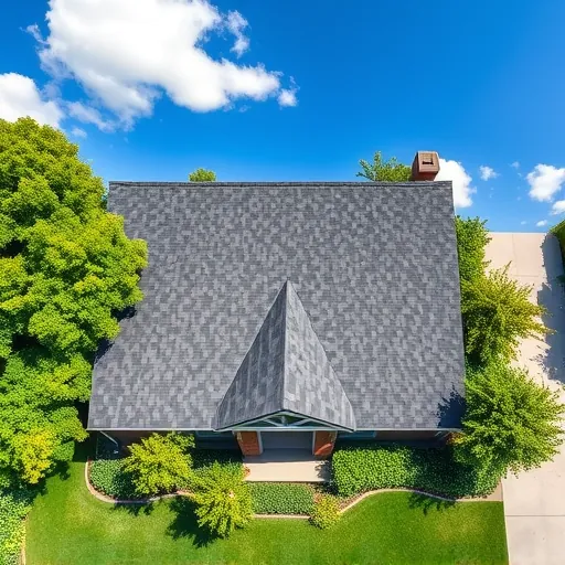 Aerial view of a completed Vernalis home with an asphalt shingle roof, lush trees, colorful flowers, and blue sky.