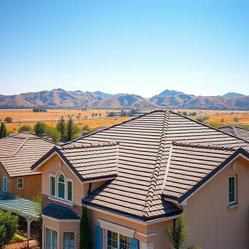 Completed roofing project in Ballico, CA with elegant shingles under blue skies in a charming neighborhood setting.