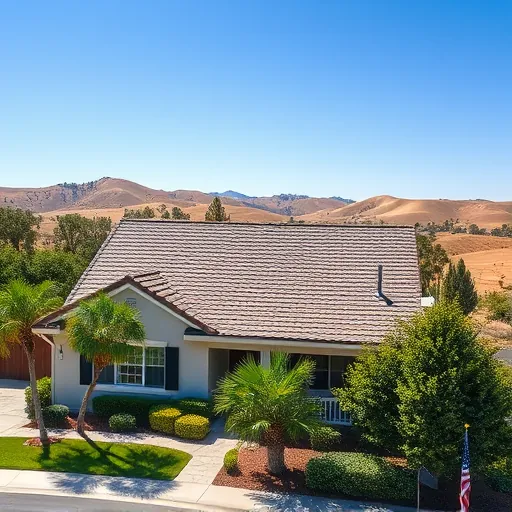 Completed asphalt shingle roof installation in Escalon CA with vibrant colors, clear sky, and attractive landscaping.