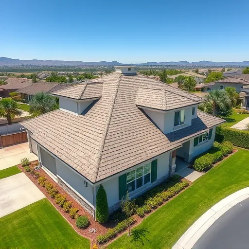 Close-up of a newly replaced high-quality shingle roof on a modern Farmington home with lush lawns, blue skies, and landscaping