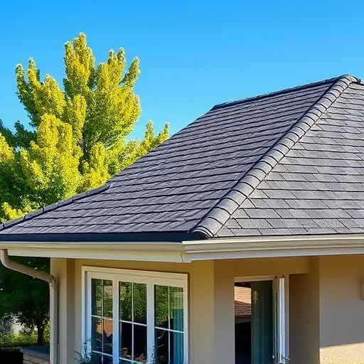 Completed roofing project in Linden CA with dark grey shingles amid green trees and blue sky highlights craftsmanship.